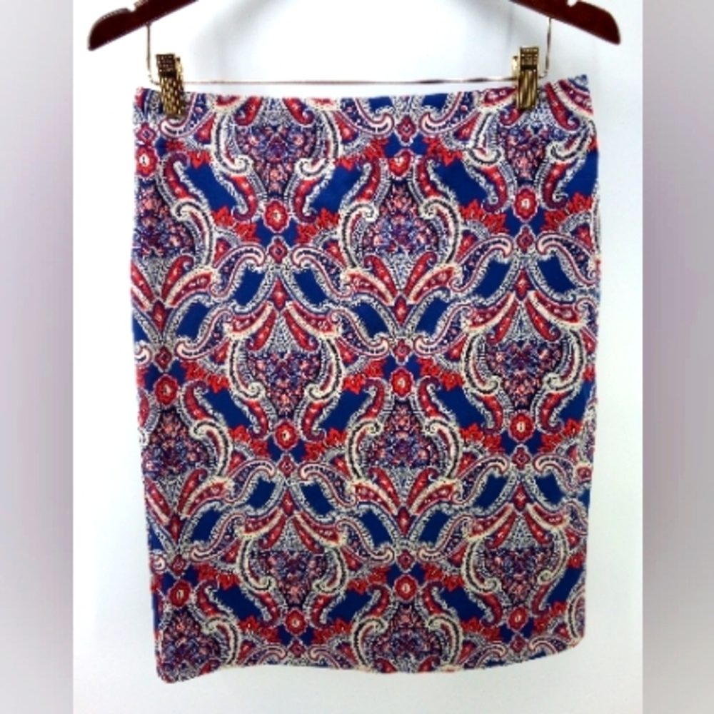 Ann Taylor Factory Paisley Red Blue  Lined Pencil Skirt 6